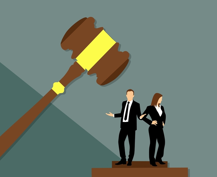 Animated Giant Gavel and Male and Female Lawyer Pretrial