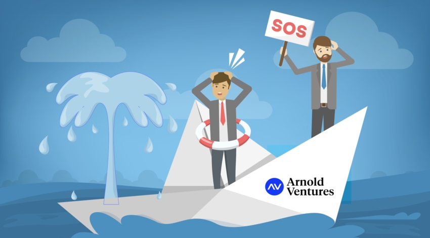 Animation of Arnold Ventures founders holding S.O.S. sign on a sinking ship