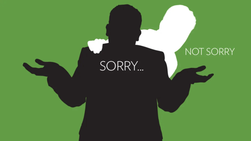 Animation with two silhouettes and text reading 'sorry' and 'not sorry'