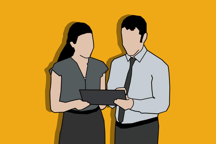 Animation of two professionals in business attire reviewing clipboard