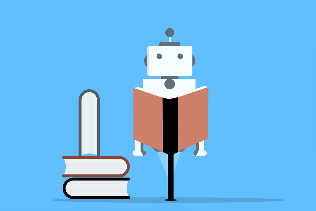 Animation of robot reading book beside several stacked books