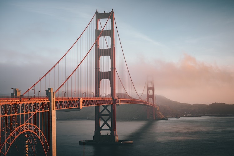 View of San Fransisco, California's Golden Gate Bridge and clear blue sky