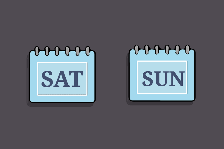 Adjacent blue desktop calendars displaying 'Saturday' and 'Sunday'