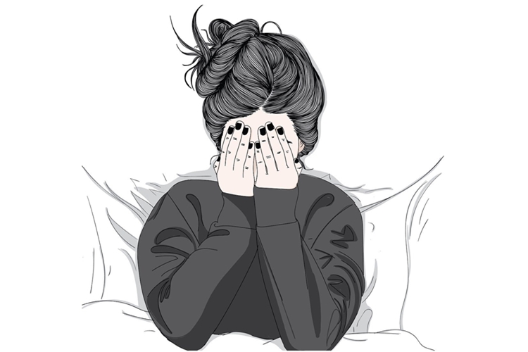 Sketch of woman with messy hair covering face in bed