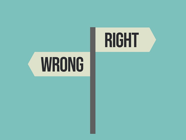 Arrow signs labeled 'right' and 'wrong' pointing in opposite directions