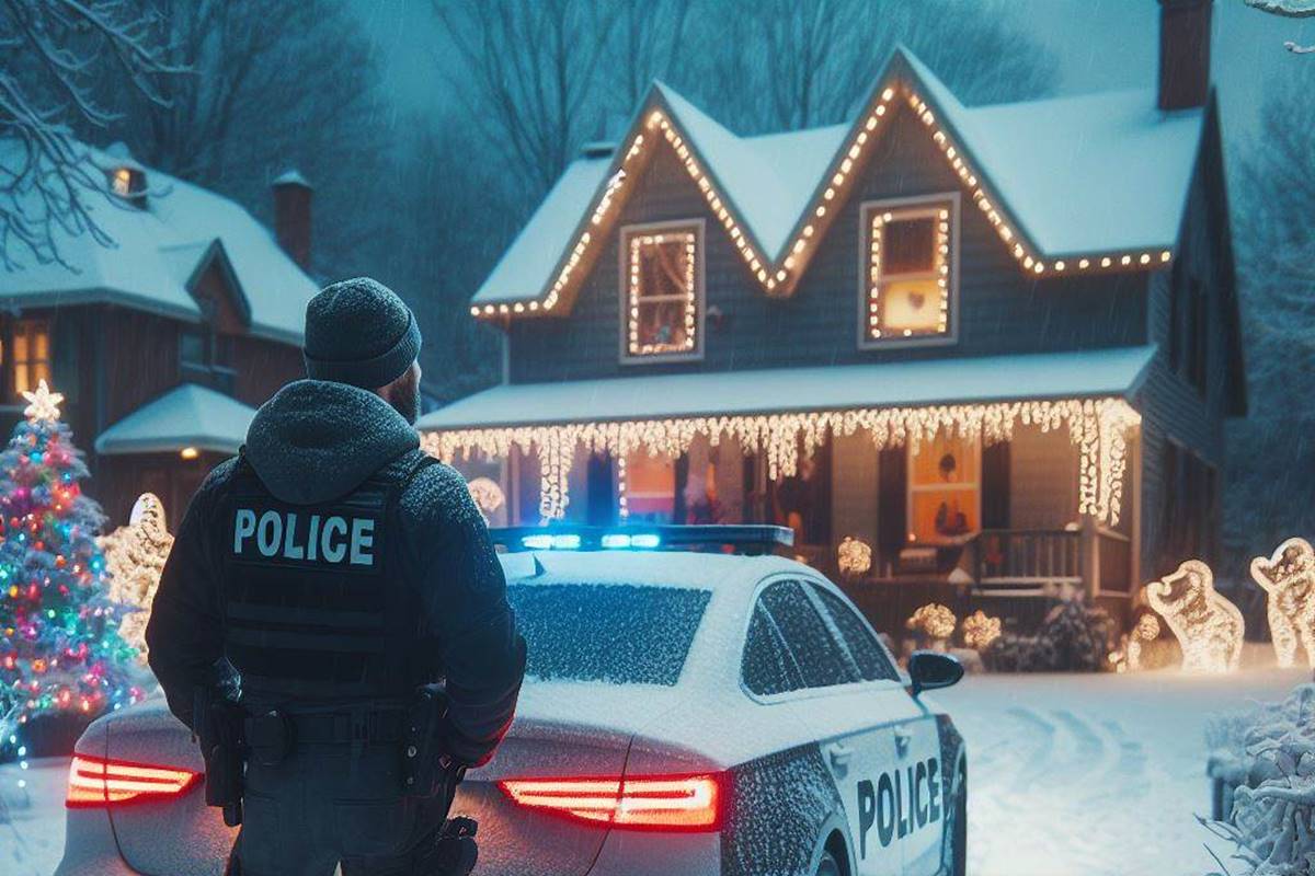 Police officer and squad car facing house with Christmas decorations